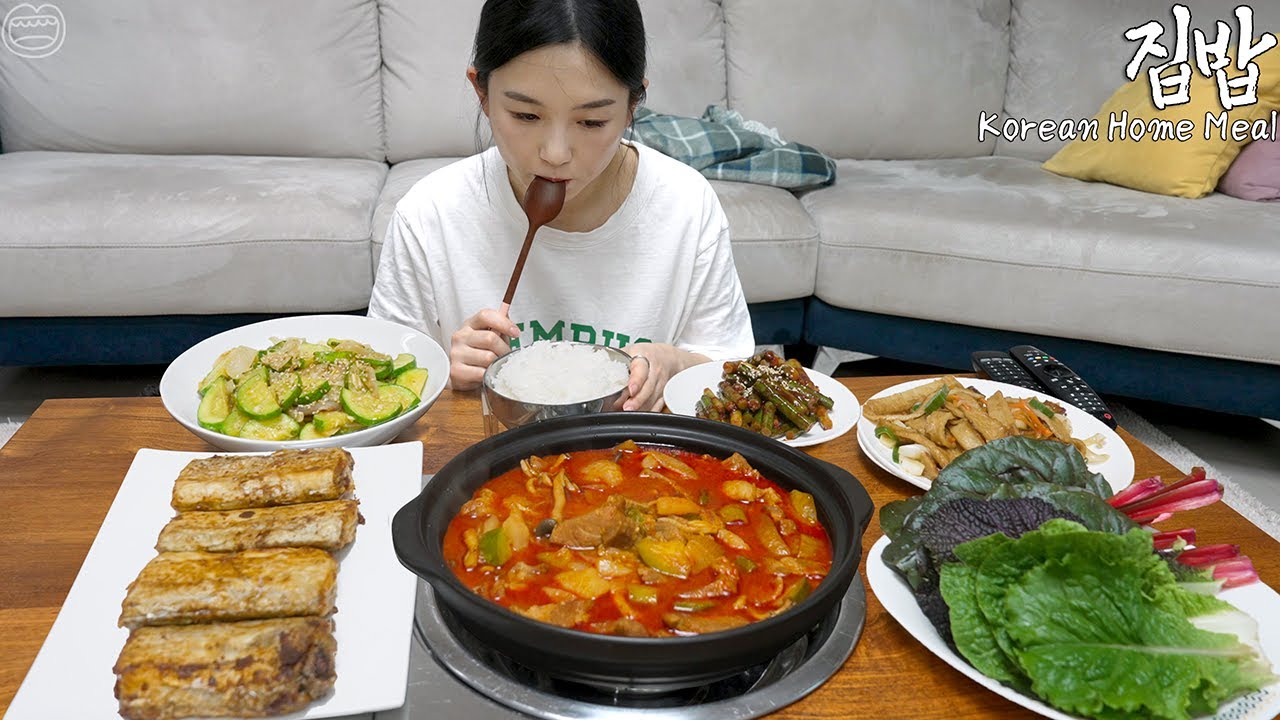 Настоящий мукбанг :) Корейская домашняя еда ☆ Тушеное мясо Кочуджанг, рыба на гриле, рыбный пирог