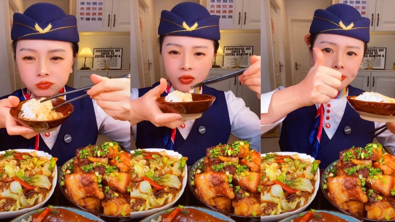 ASMR Mukbang: Eating Huge Braised Pork Belly & Rice  Flight Attendant