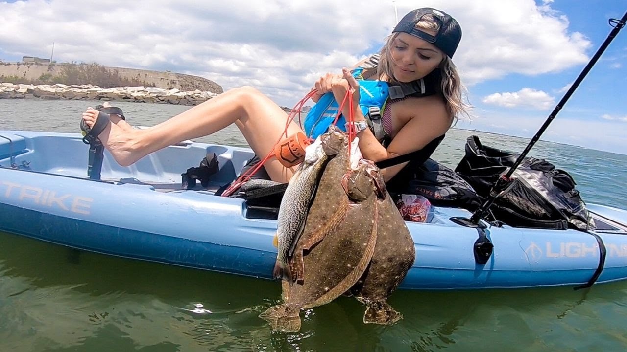 Fishing for Giant Flounder in the Kayak! Flounder Sushi Catch and Cook
