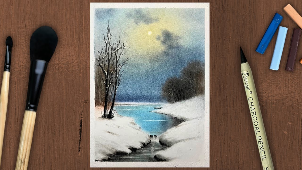 Winter River Landscape Drawing | Soft Pastel & Charcoal Art | Relaxing Scenery Drawing