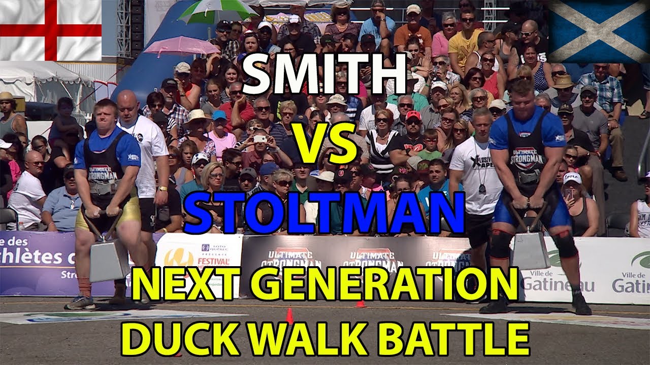 SMITH VS STOLTMAN- ULTIMATE STRONGMAN U23  WORLD CHAMPIONSHIP- DUCK WALK FOR DISTANCE.