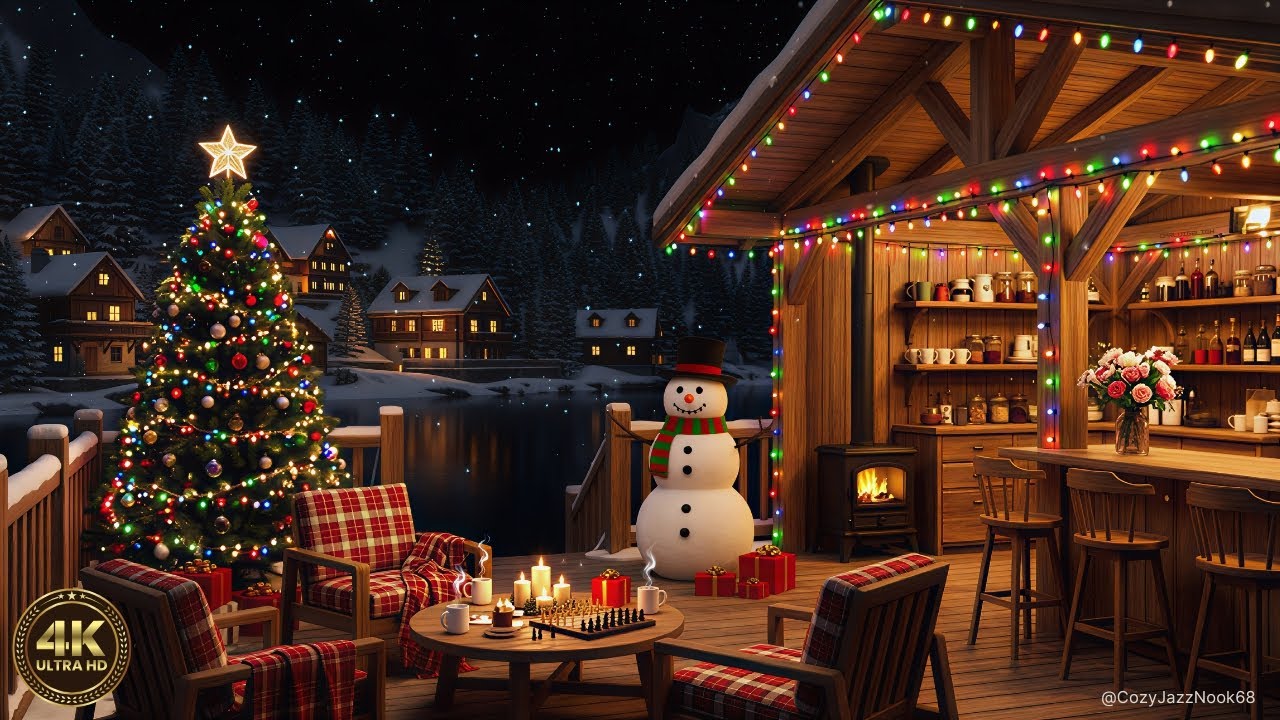 Cozy Christmas Jazz Music in a Snowy Lakeside Coffee Shop Patio 🎄 Relaxing Ambience with Fireplace
