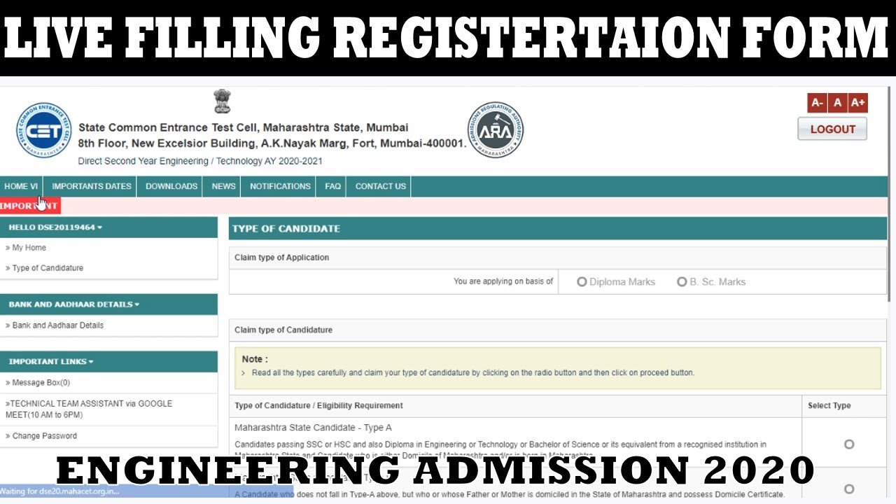 Live Filling Admission Form Direct Second Year Engineering 2020-21 | Part -2 Engineering B.E, B.Tech