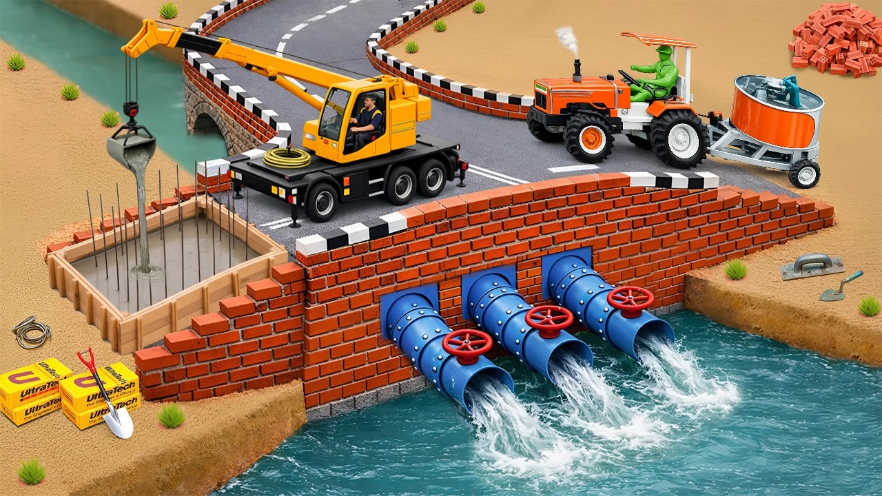 DIY Mini Tractor & Crane Build a Strong Brick Bridge with 3 Powerful Water Drainage Pipes 🚜