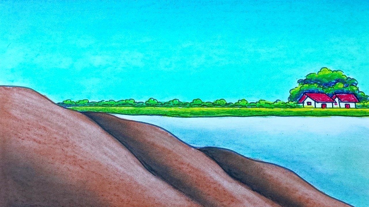 scenery drawing with mountain / riverside scenery drawing