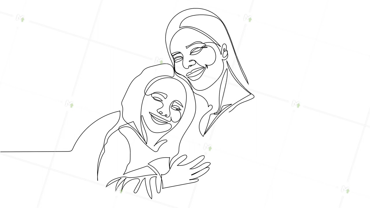 Self drawing continuous line animation of happy mom and little girl