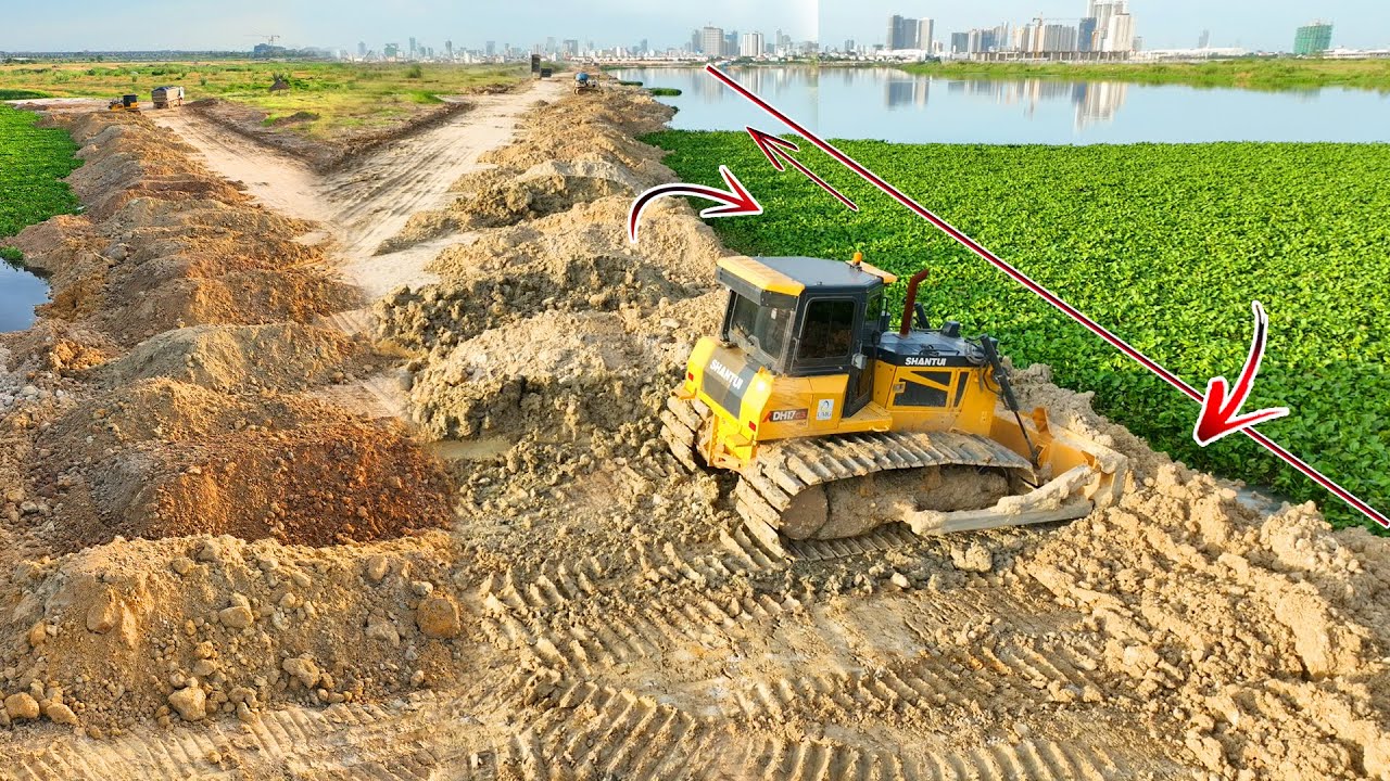 Wonderful!!Best Shantui Driver !! Pushing Too Much Dirt To Fill The Lake With Huge Dump Trucks