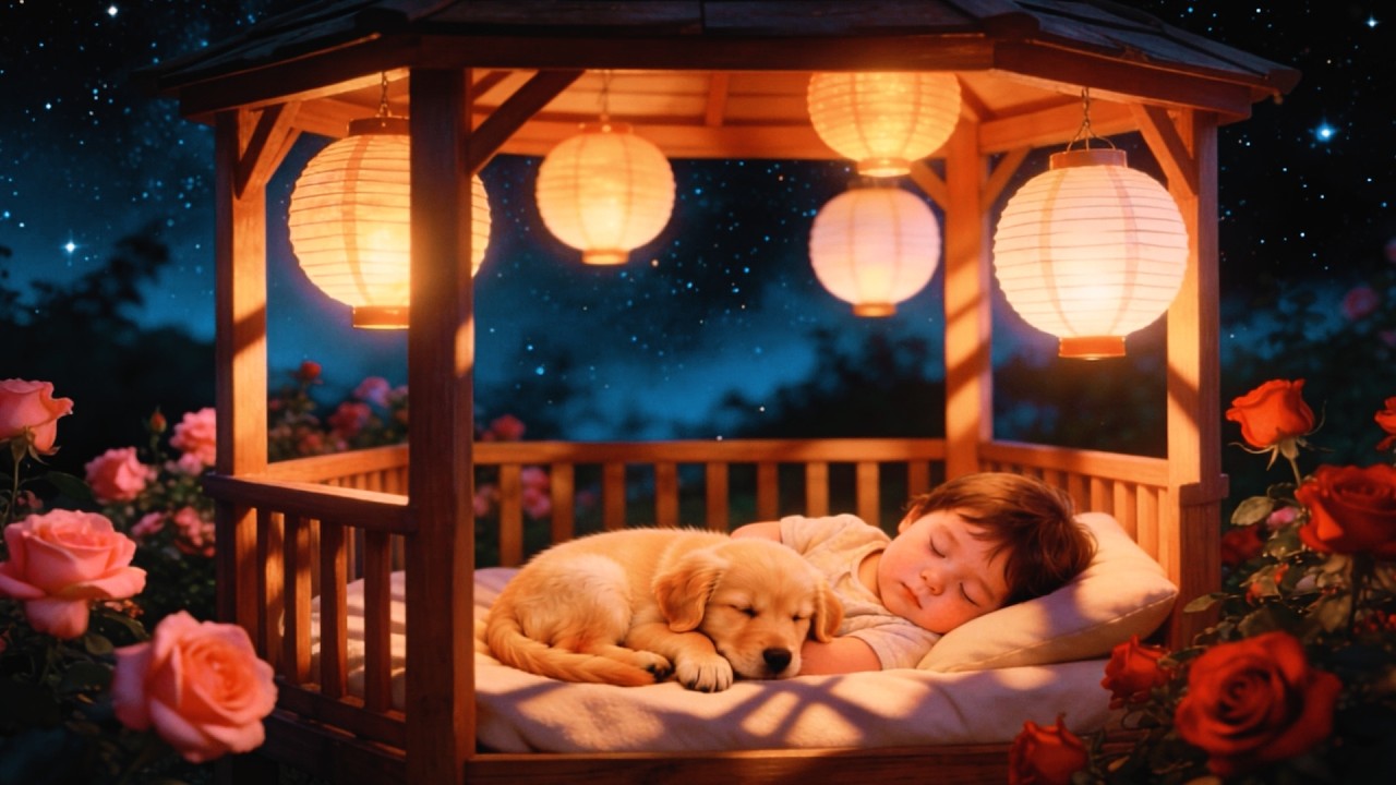 1 HOUR Gentle Lullaby with Puppy • Starry Night Sleep in Rose Garden | ønebaby