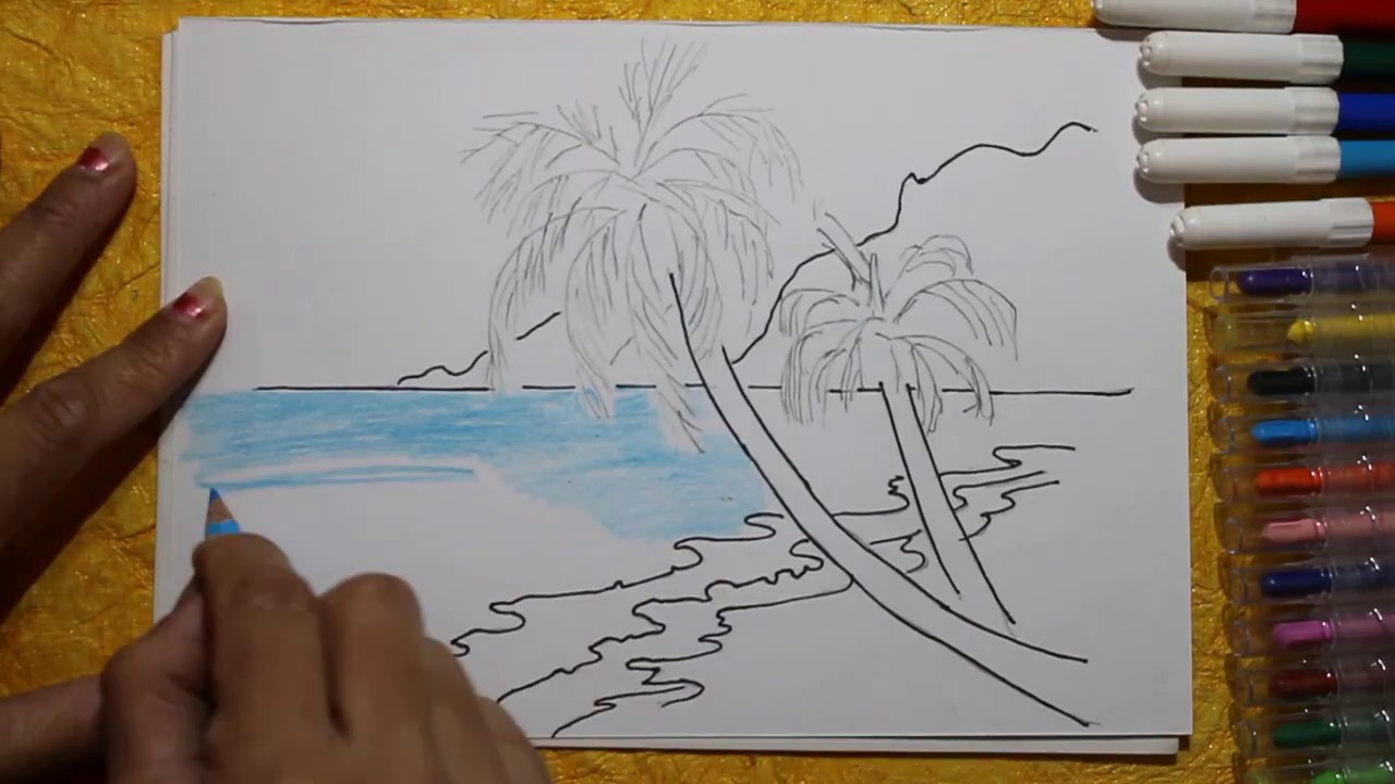 How to draw beach very easy for beginners beach sketch draw session | beach drawing easy