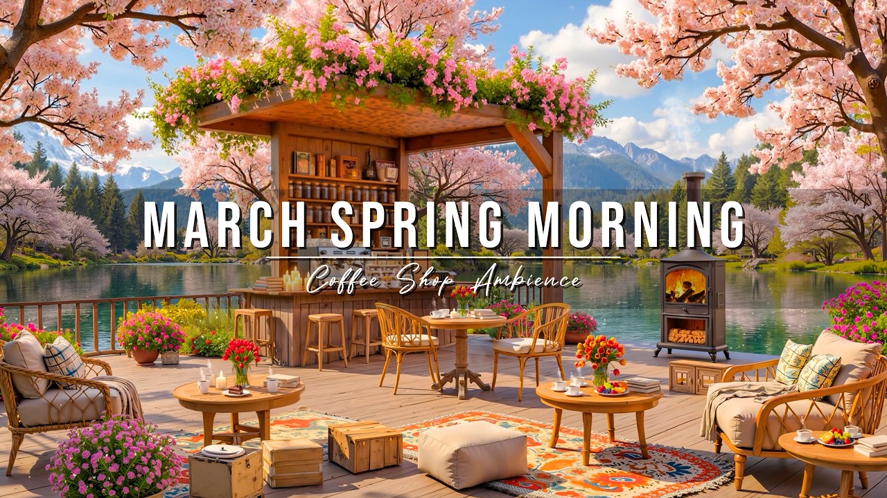 Happy March Spring Morning 🌸☀ Outdoor Coffee Shop Ambience with Smooth Jazz Music for Stress Relief