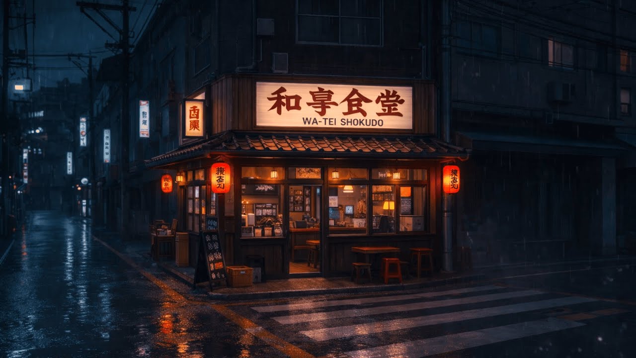 Rainy Japanese Street Café at Night ☔ Cozy Lo-Fi Beats for Study, Sleep & Relax | 4K