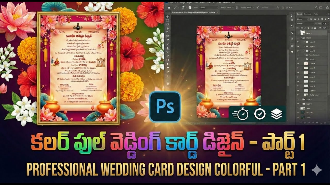 కలర్ ఫుల్ వెడ్డింగ్ కార్డ్ డిజైన్ | Photoshop Wedding Invitation Design in Telugu - Part 1