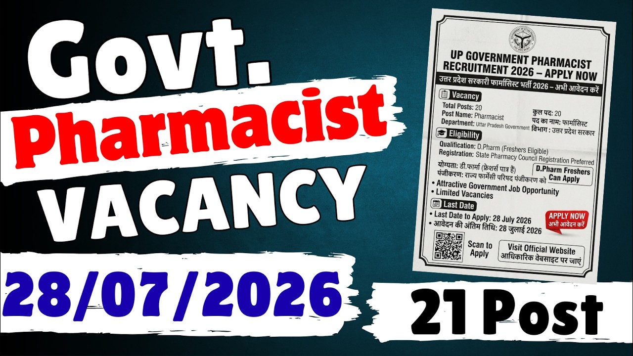 UP Govt Pharmacist Vacancy 2026 | 21 Posts | D.Pharm & B.Pharm Apply Now