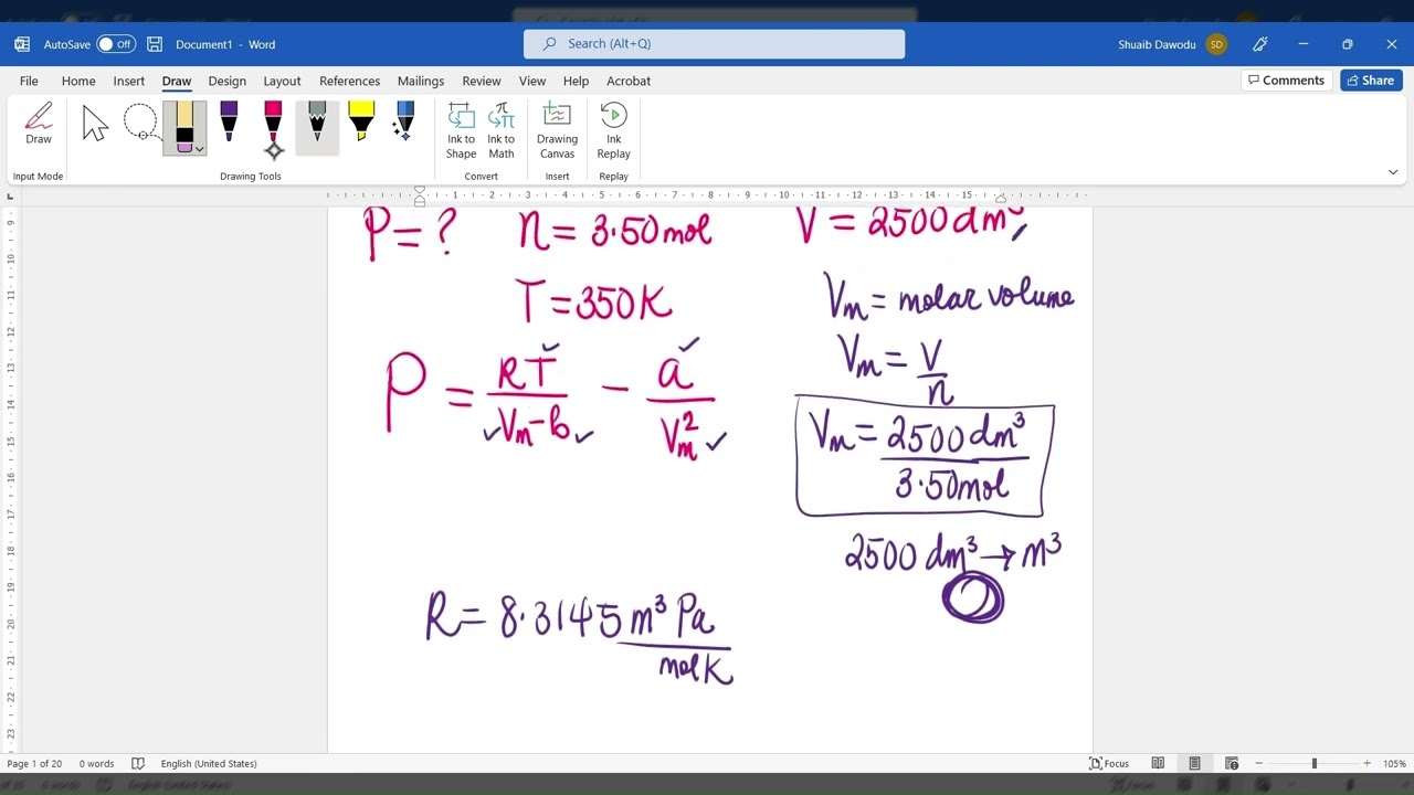 Student Question -  Calculate the Pressure of a Gas using the Van der Waals Equation | Physical Chem