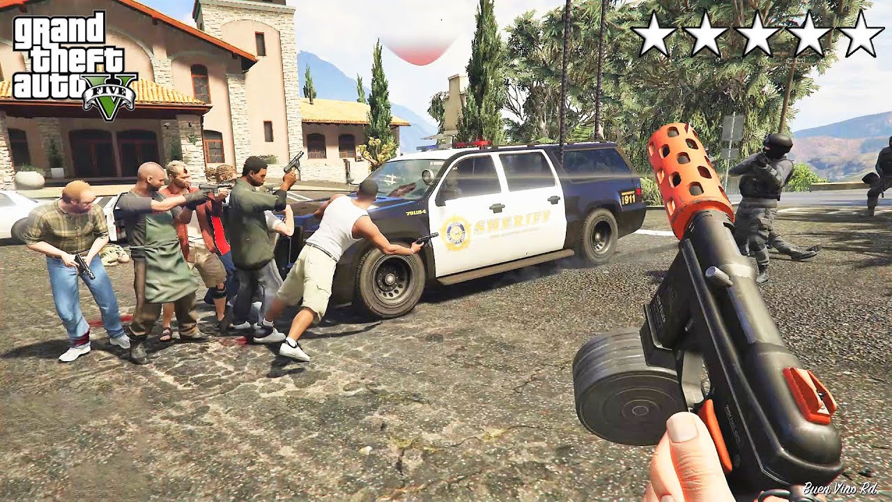 GTA 5 - Michael And Friends FIVE STAR MACHINE PISTOL COP BATTLE! (GTA V Funny Moments)