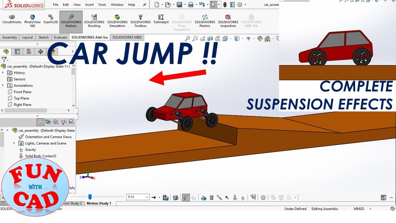 Learn Realistic speed CAR JUMP with working SUSPENSION using SolidWORKS | MOTION Animation tutorial