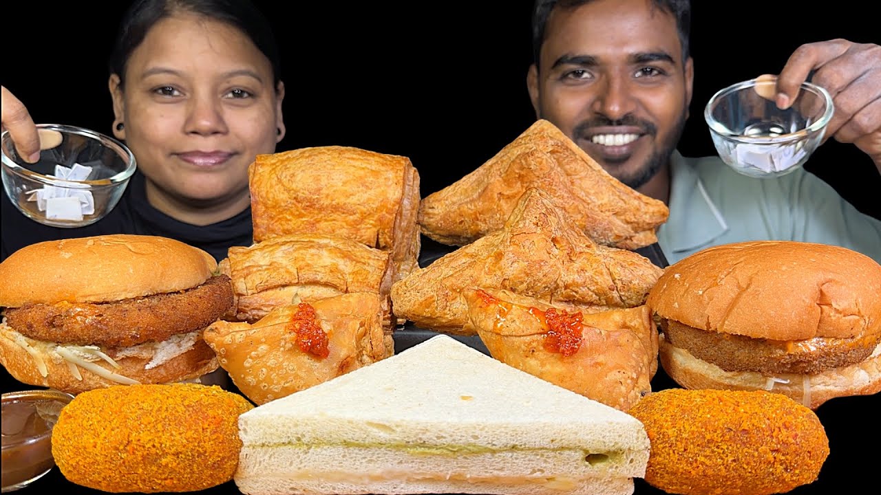 Burger Cheese Corn Patties Samosa Vegetables Chop Aloo Patties Sandwich Eating Challenge 