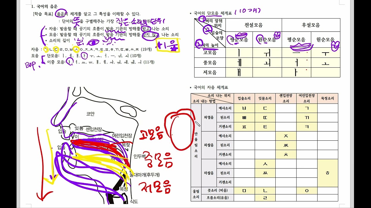 국어의 음운 중3 1학기 기말 대비 핵심 정리(음운의 개념, 자음 체계표, 모음 체계표)(미래엔)