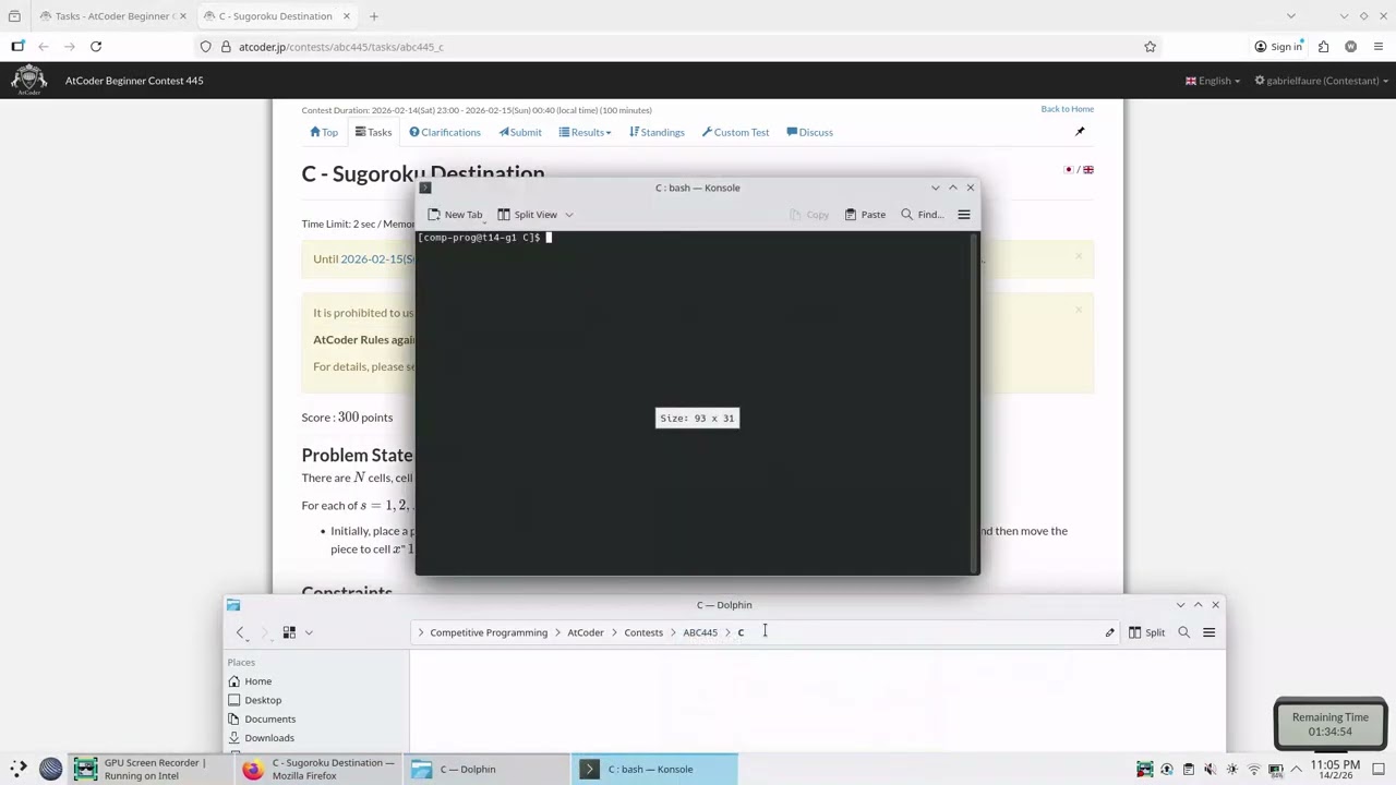 AtCoder Beginner Contest 445 rated screencast (no audio, A-E solved)