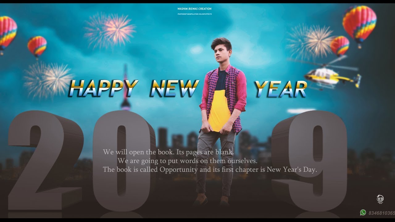 Photoshop cc : Happy New Year 2019 Photo Editing Tutorial ! in Hindi - Washim Biswas Creation