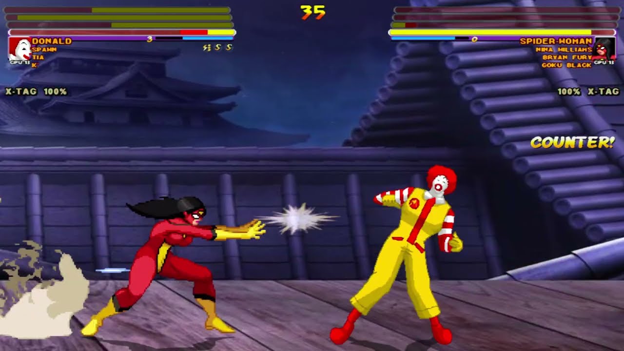 [4K] MUGEN: ETB – K, Donald, Spawn, Tia vs Goku Black, Bryan Fury, Nina Williams, Spiderwoman