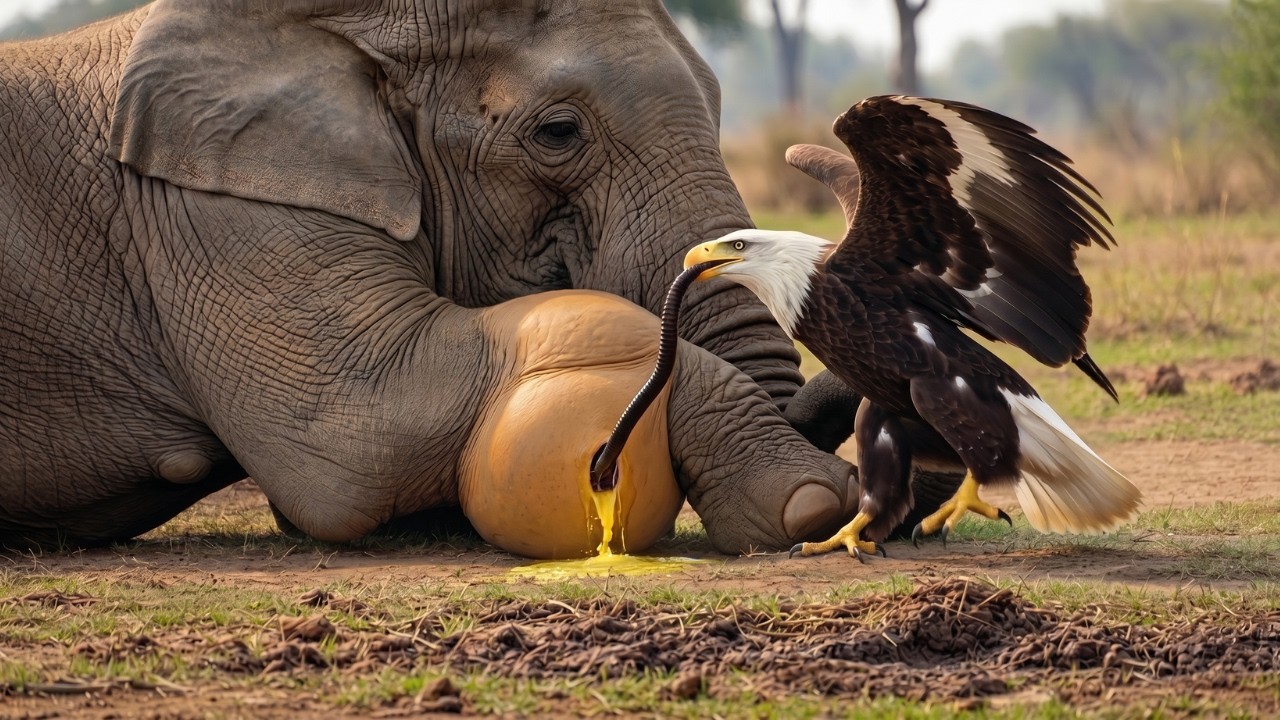 Unexpected Wildlife Friendship: Eagle Tries to Help a Weak Elephant in the Wild