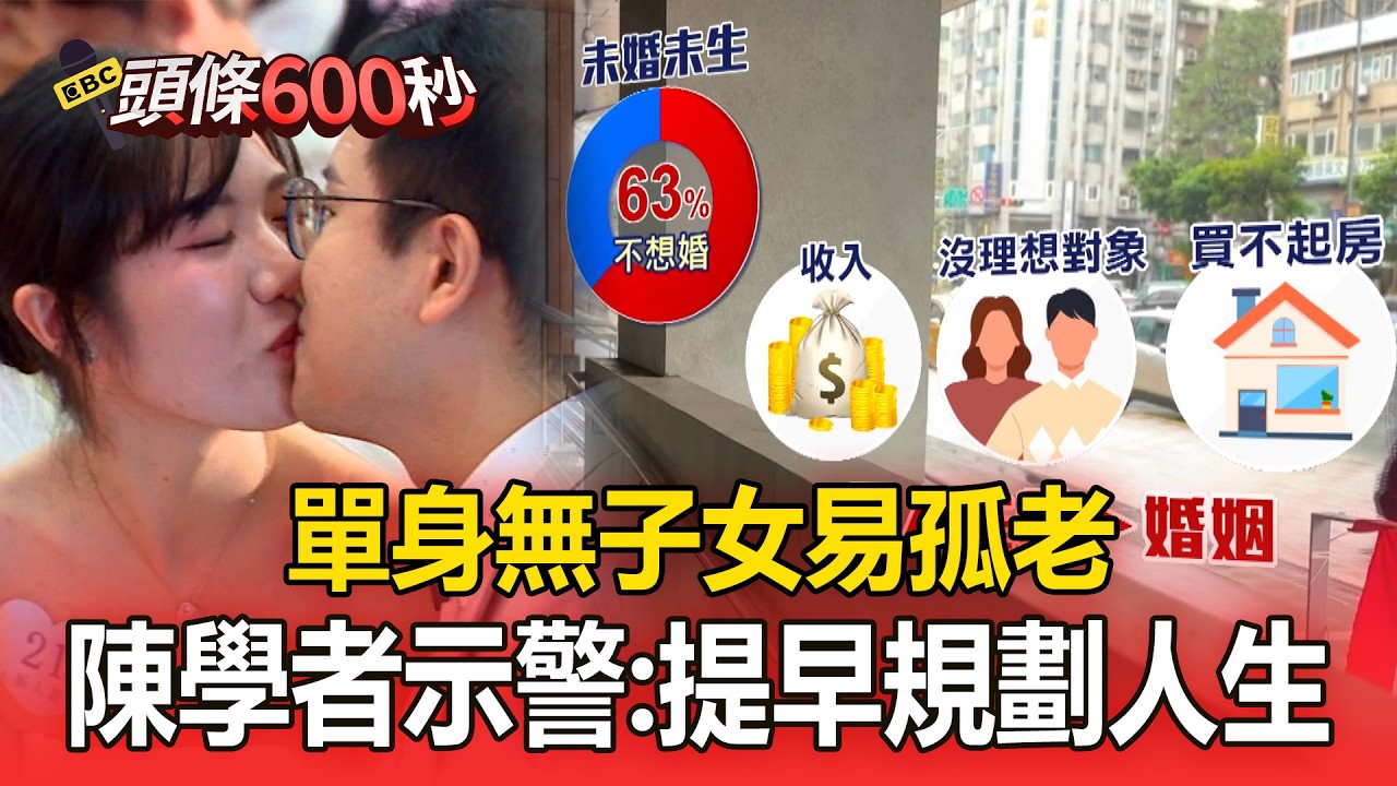 現代人破六成三「不婚不生」經濟問題對象難尋！學者示警「單身無子女易孤老」：提早規劃人生【頭條600秒】
