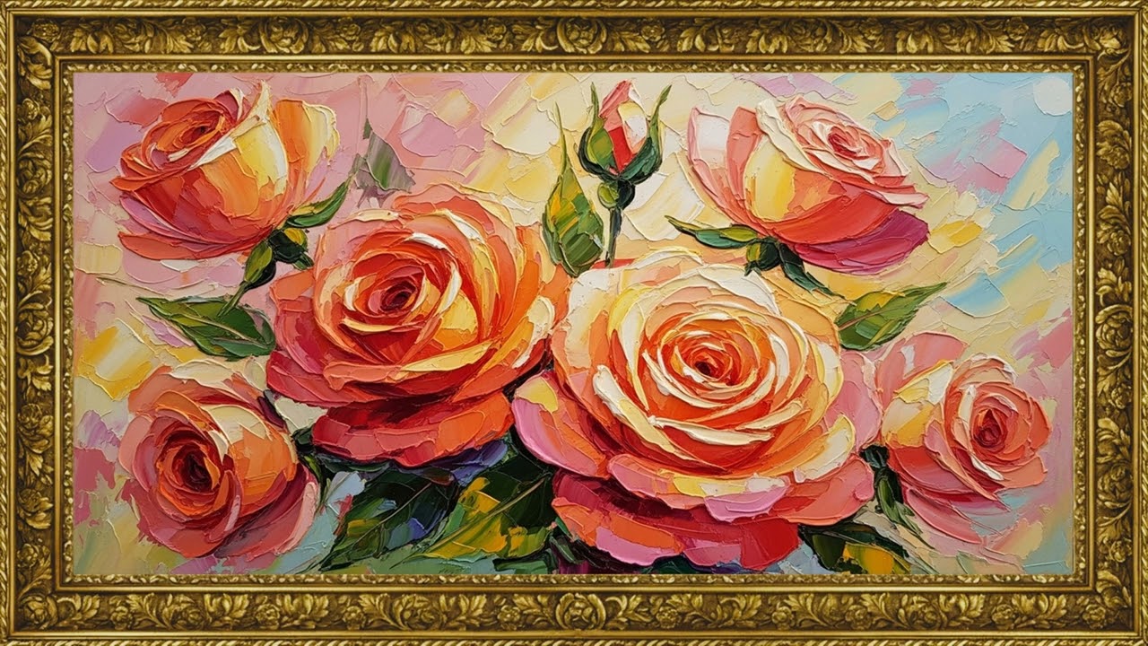 Coral & Peach Rose Texture Art 4K | Refined Impasto Canvas Feature