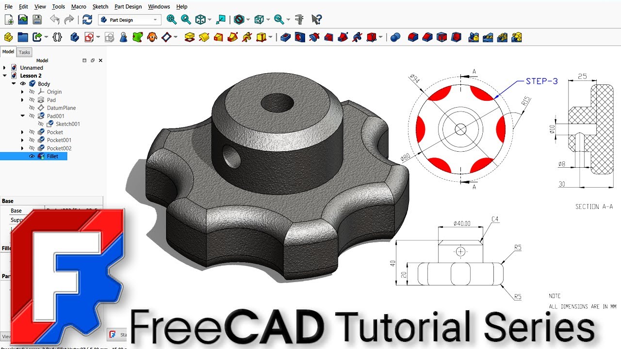 FreeCAD Beginner Course | Module 1 &ndash; Lesson 2 | Star Head handle Knob 3D Modelling for 3D Printing