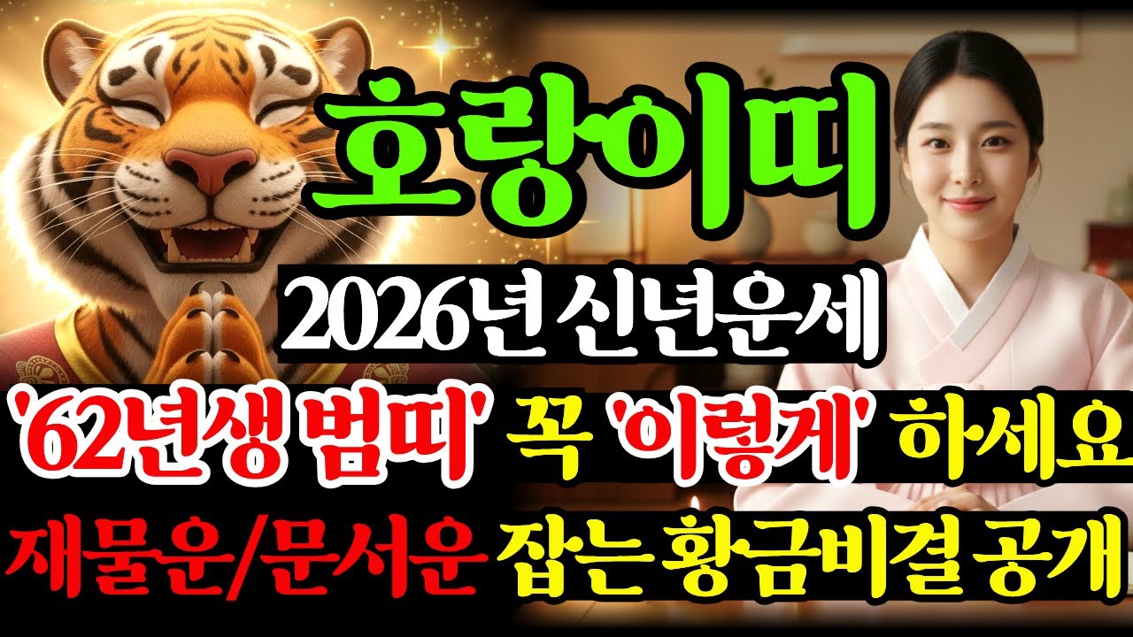 범띠 고생끝입니다! 62년생 호랑이띠, 드디어 터진다! 2026년 운명을 바꿀 재물운 금전운 총정리 | 꼭 '이렇게' 준비하면 인생역전 가능합니다 | 신년운세 | 2026년운세