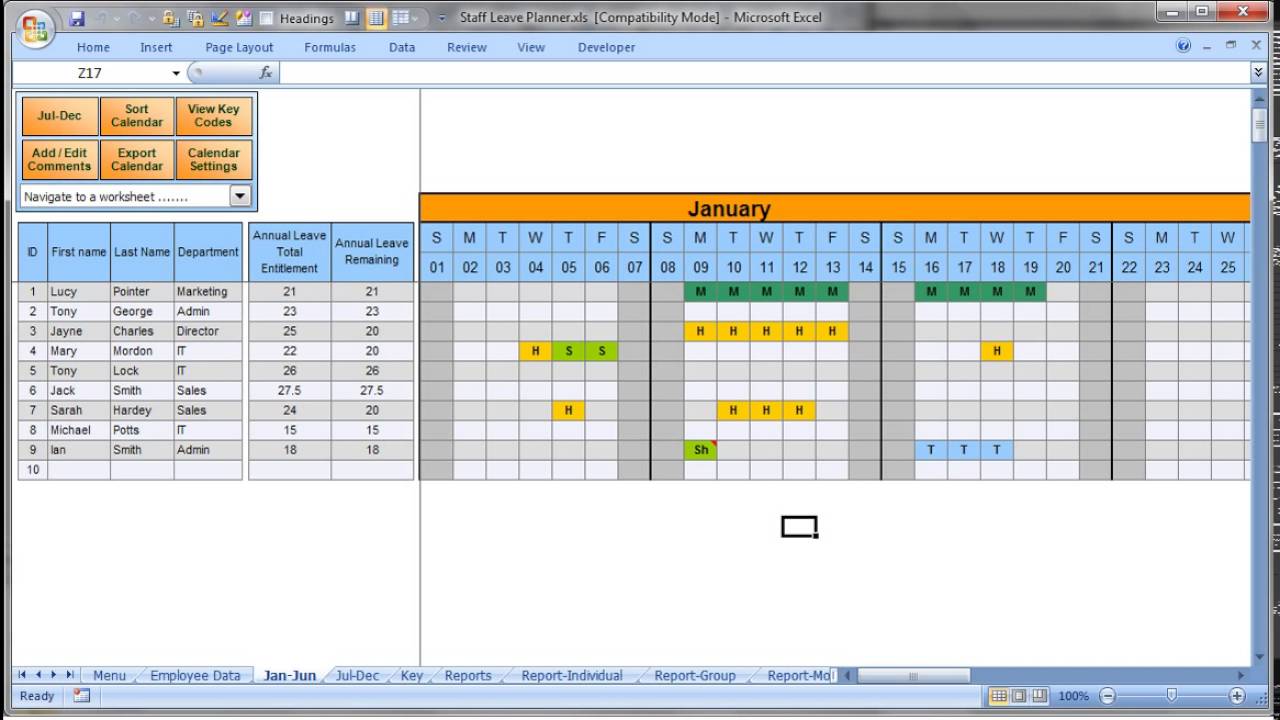 Annually Employee Leave Record Format in Excel 2016