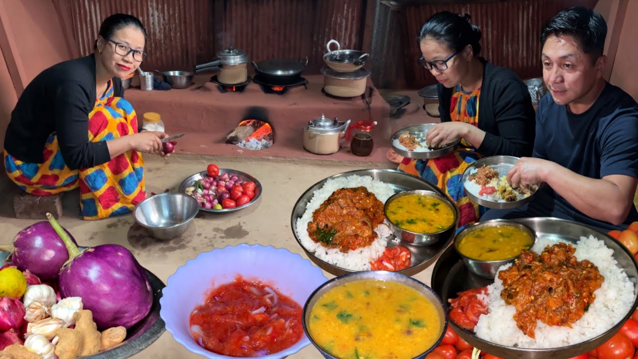 Baingan Bharta Recipe, Chana Dal Curry with Rice Nepali Village Home cooking and eating Style