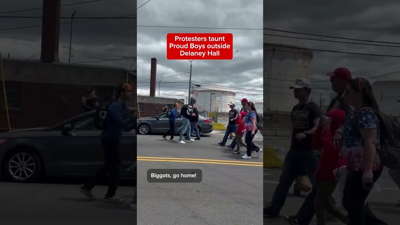 Protesters taunt Proud Boys outside Delaney Hall