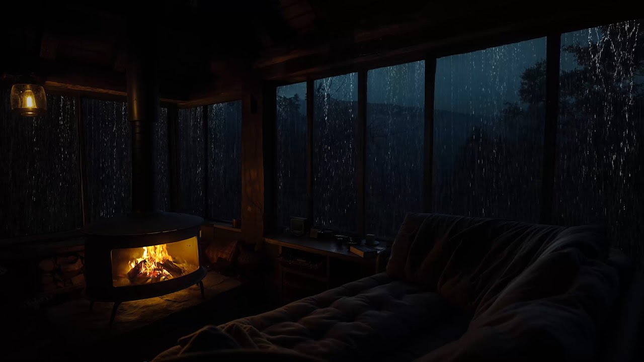 Warm Fireplace Inside a Cabin as Rain Outside | Peaceful Night Sounds for Relaxing
