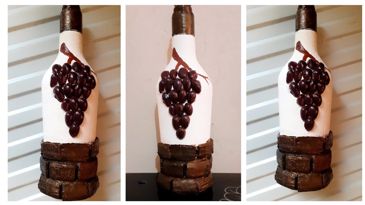 Glass bottle craft ideas/ bottle art with grapes / pista shell crafts