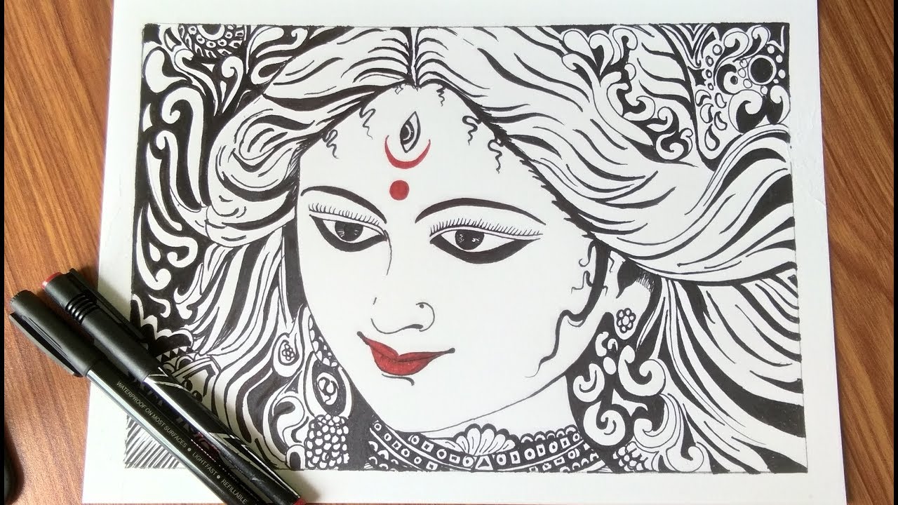 How to draw Maa Durga//Easy drawing by using Black Marker pen//Sketch Duniya