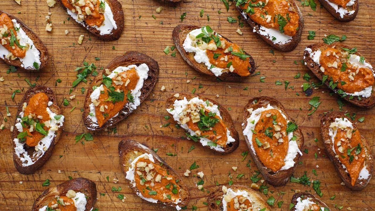 Goat Cheese Toasts With Walnut Romesco