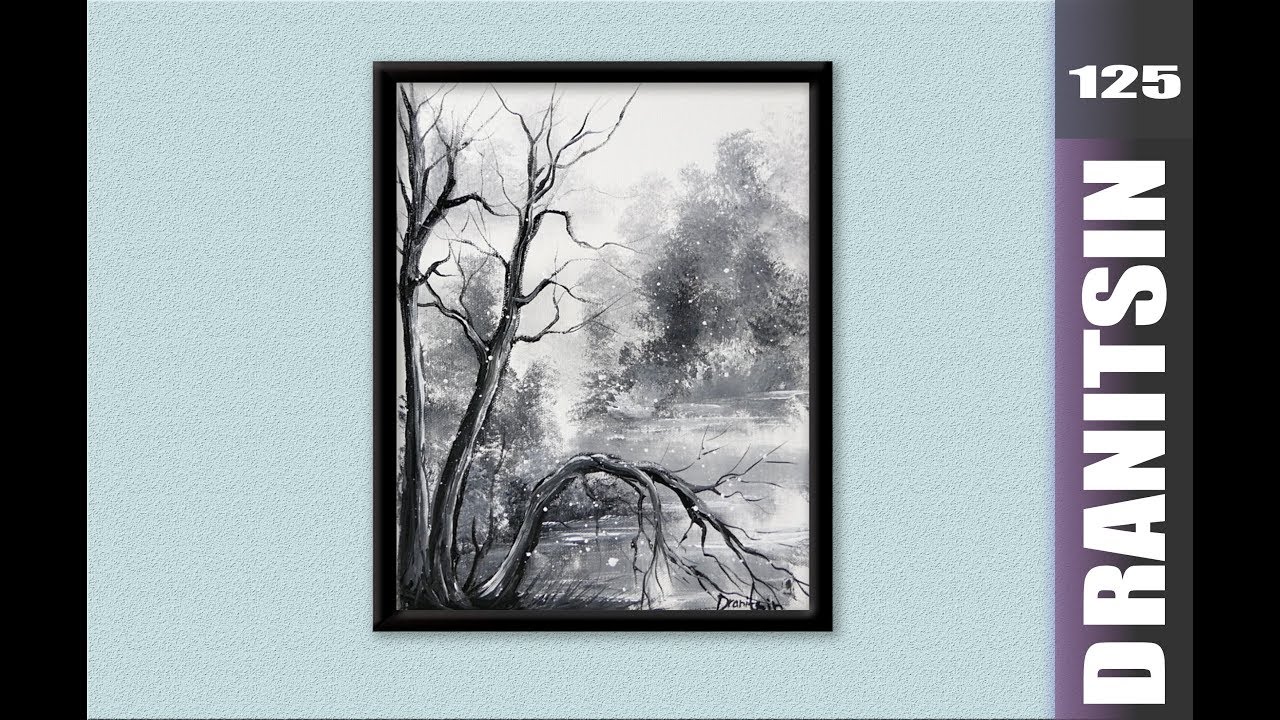 Early Snow, Black and White Abstract Landscape Painting Techniques Oval Brush