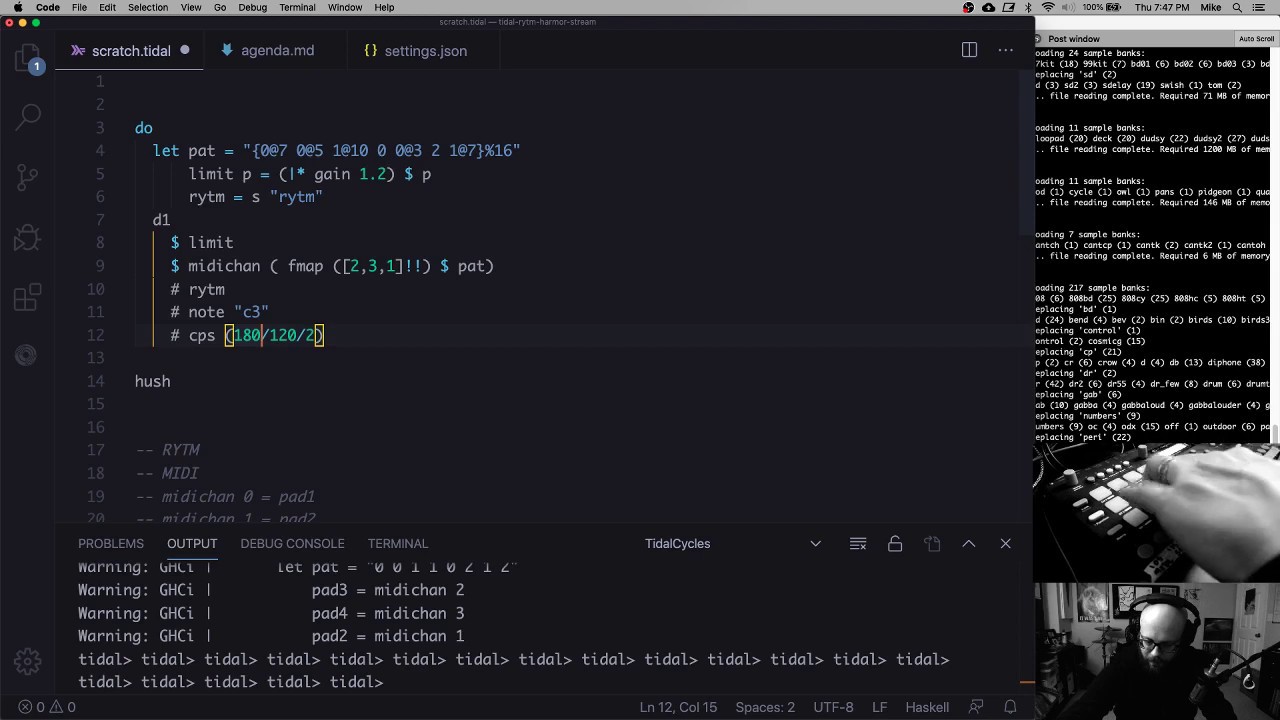 Workflow from scratch: TidalCycles sequencing and Harmor + RYTM sound design.