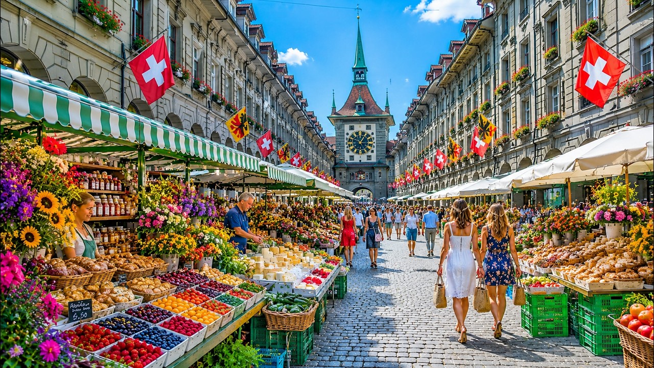 SUMMER Organic Farmers Market in BERN 🇨🇭 Walking Tour in Switzerland 4K