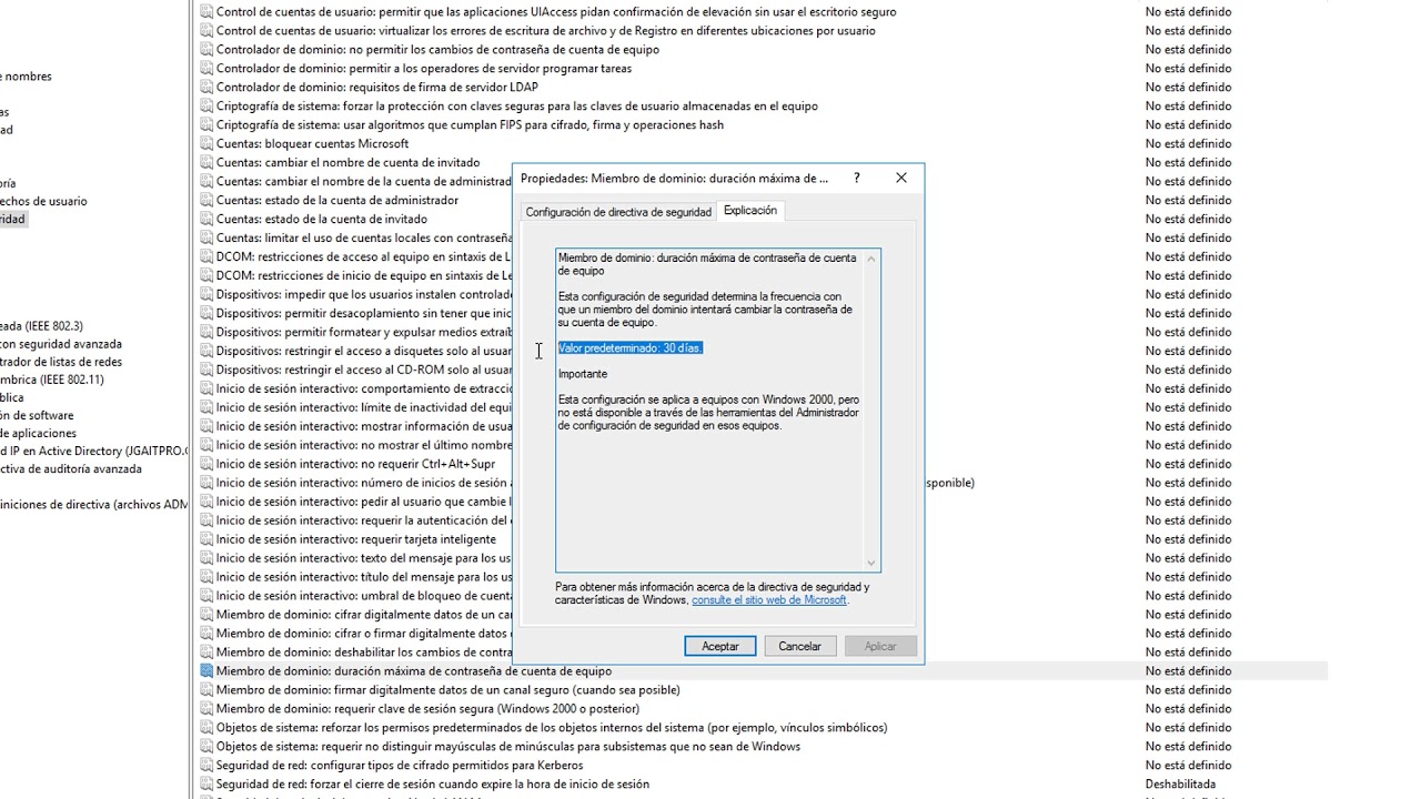 Windows Server 2016 - Miembro de dominio - duración máxima de contraseña de cuenta de equipo