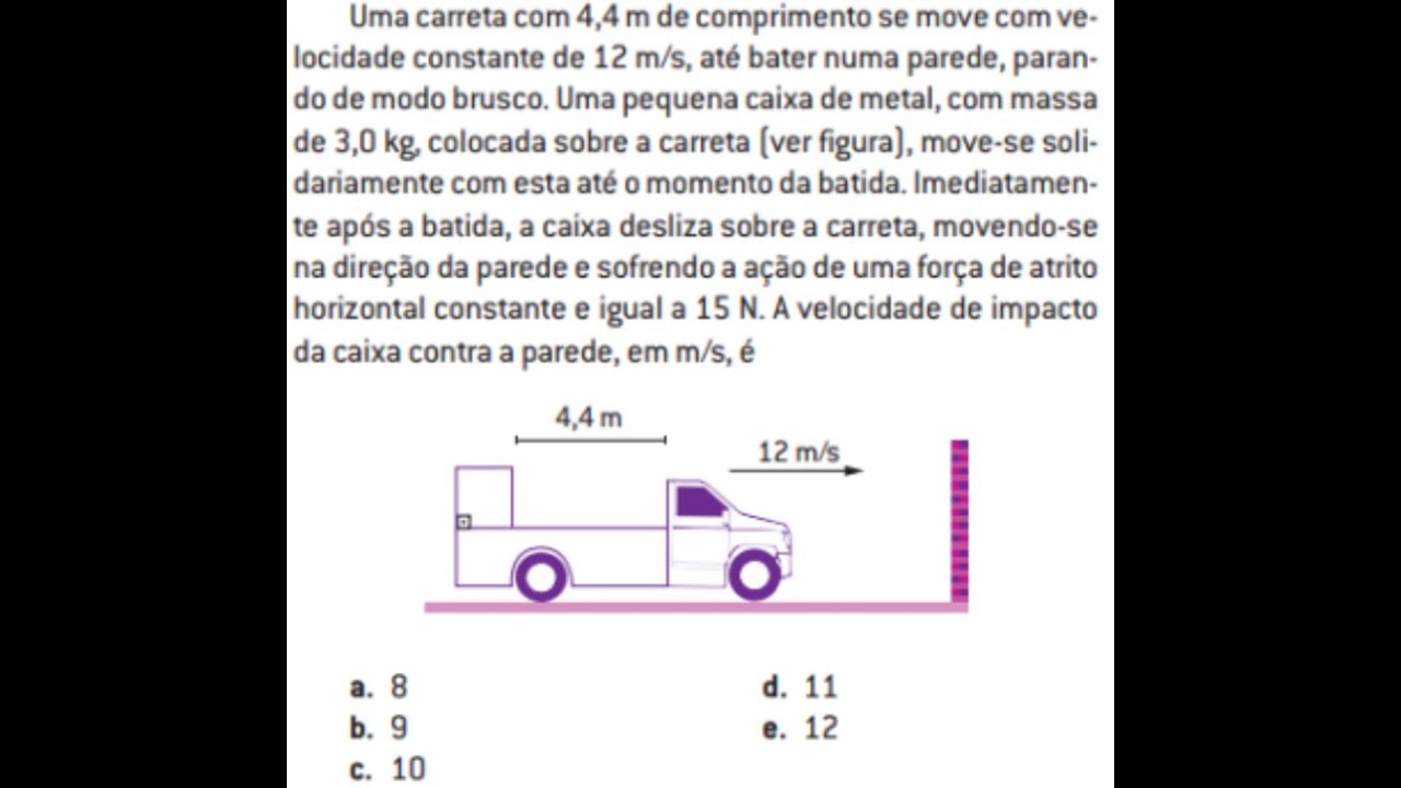 Uma carreta com 4,4 m de comprimento se move com velocidade constante de 12 m por s, até bater numa