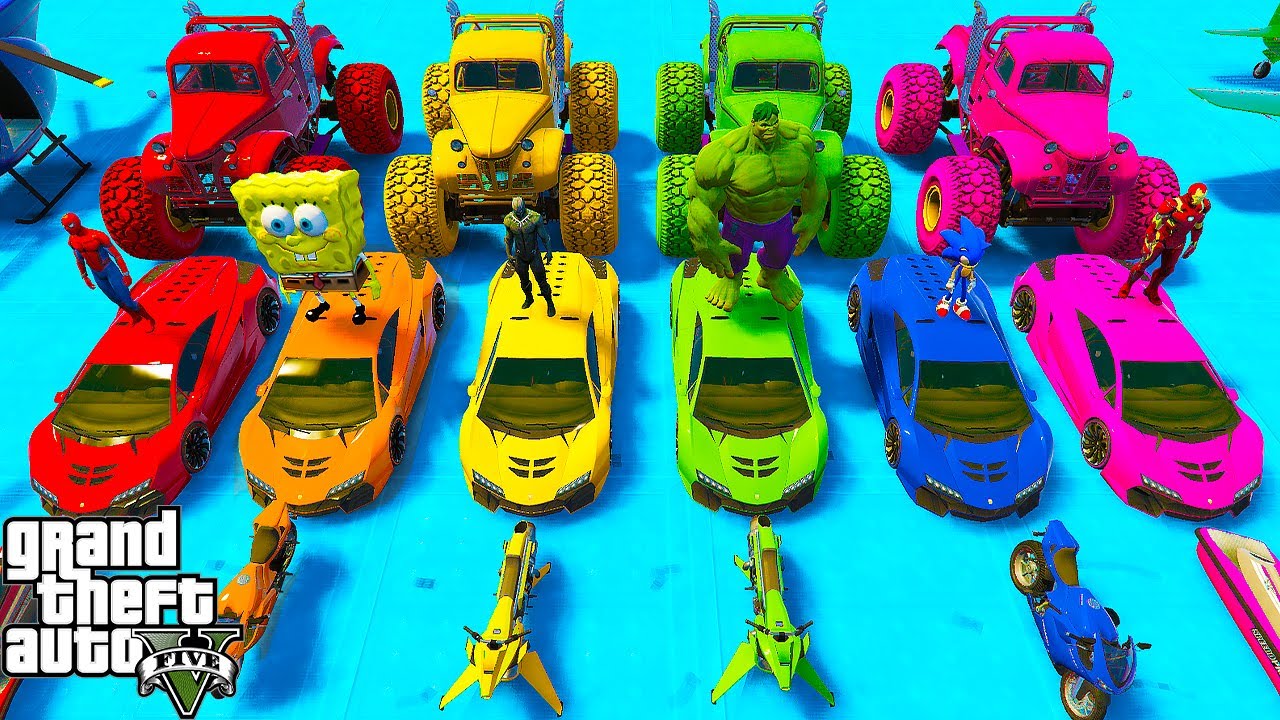GTA V Epic New Stunt Race For Car Racing Challenge by Cars Boats and Motorcycle by Trevor Spiderman
