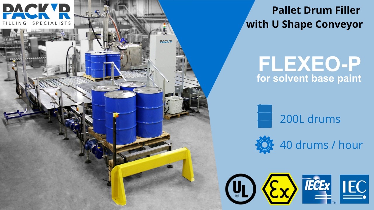 FLEXEO-P / Pallet drum filler with U shape conveyor - Explosion proof design