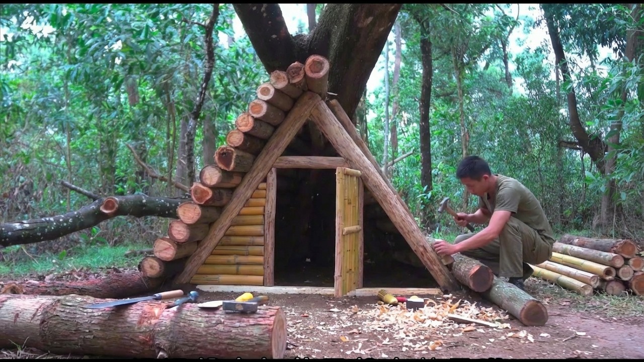 Building a Luxury Survival Shelter with Wild Concrete & Hollow Log Stove