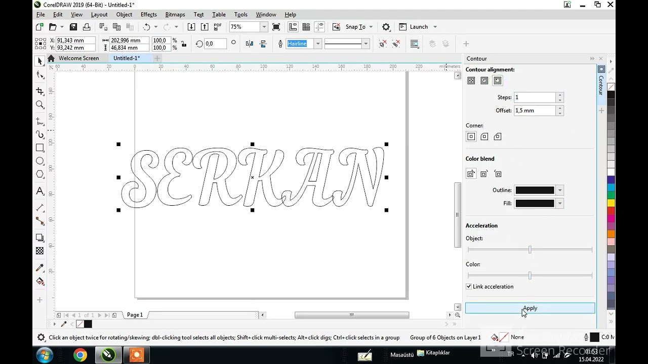 corel  isimleri kalınlaştırıp birleştirme
