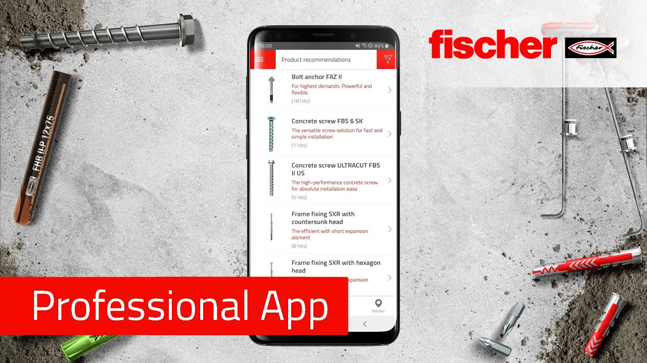 fischer Professional App - find fixing material on the way