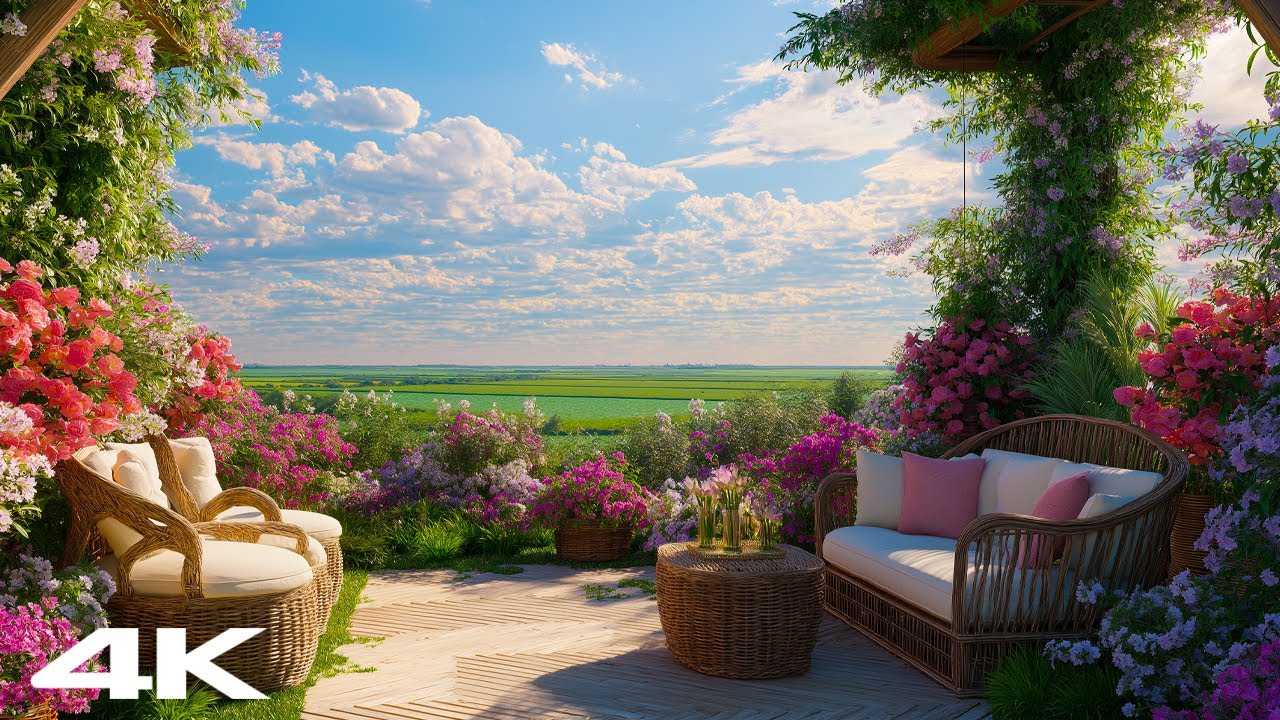 Sunshine Spring Morning 4K | Relaxing Garden with Flowers, Soft Breeze & Soothing Piano