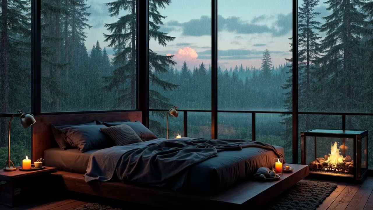 Sunset Forest Rain Piano | Warm Fireplace Cabin Ambience for Deep Peaceful Sleep