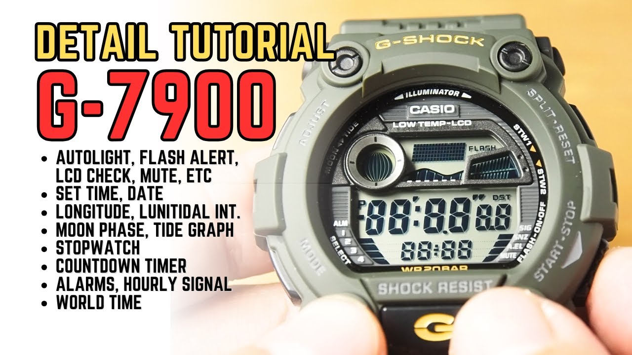 Casio G-Shock G-7900 Setting Operation Full Tutorial: G-Rescue G7900 Tide, Moon, Timer, Alarms etc